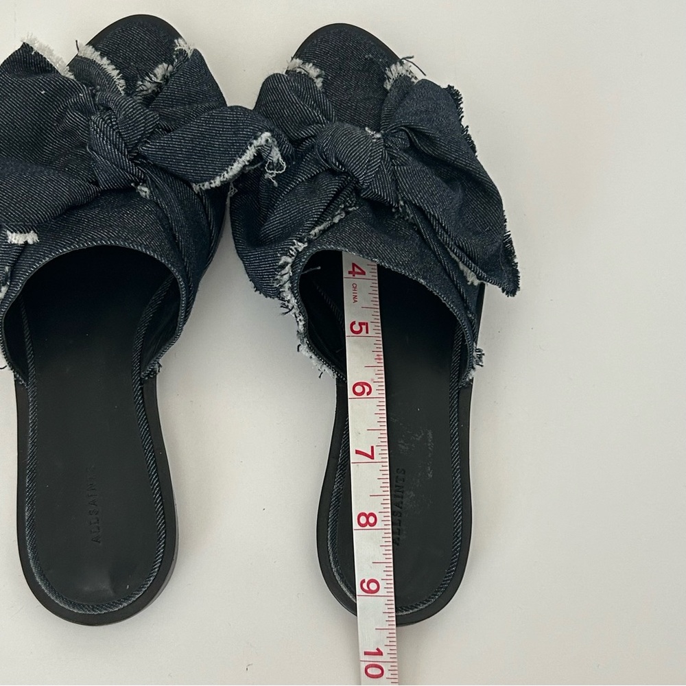 AllSaints Flats Rumour Dark Denim Bow Slip On Mules Shoes Sandals Size 37 - Picture 9 of 9
